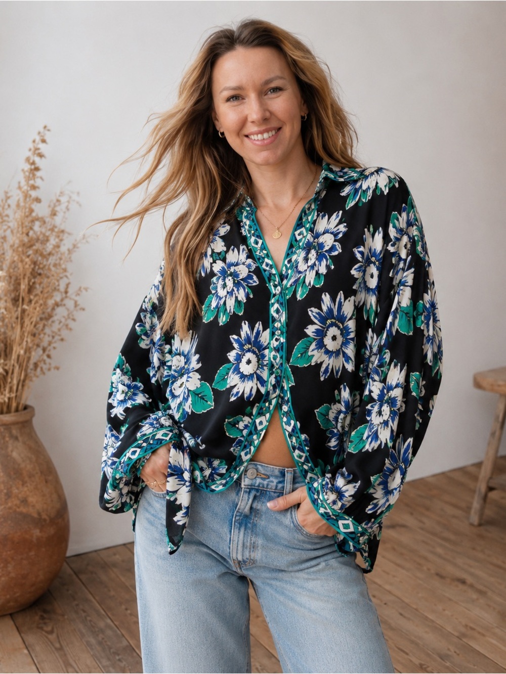 NWT Free People Good Vibrations Floral Boho Oversized Blouse Top SP